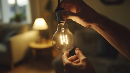 Electrician replacing broken light bulb in living room. Featuring precision and attention to detail