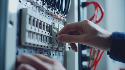 Electrician replacing circuit breaker in panel. Featuring expertise and attention