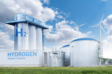Green hydrogen factory concept. Hydrogen production from renewable energy sources.