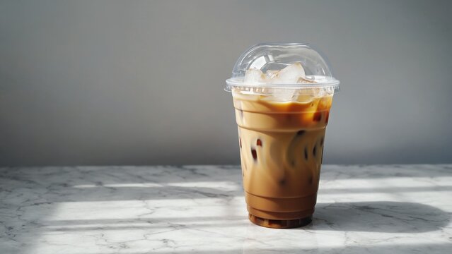 A cup of coffee with a lid on top of it. The cup is sitting on a marble countertop