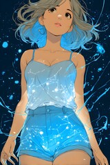 Dreamy Celestial: A celestial beauty floats within a cosmic tapestry of interconnected stars and constellations, with dreamy gaze and a celestial glow, she finds serenity in the serene dark.