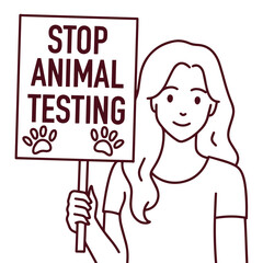 Black and white vector of a young woman holding a protest sign that says stop animal testing, representing awareness for animal rights and compassionate activism