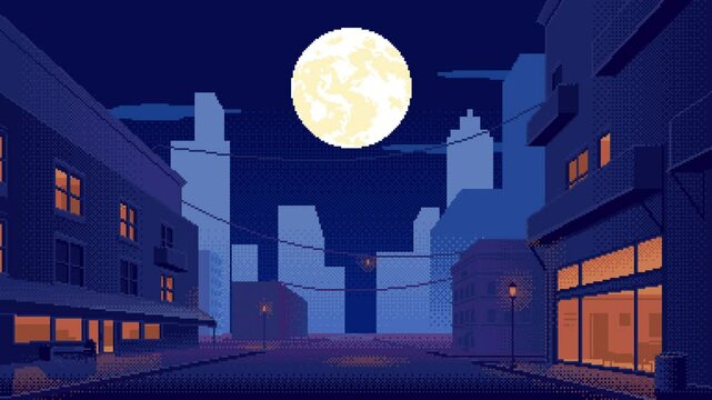 Animated pixel art night cityscape with road on street and moon in sky. Seamless loop animation of 8-bit video game background.