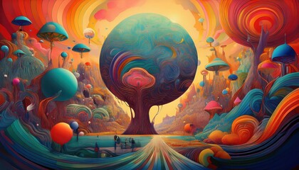 Dreamlike Surrealism Abstract Swirls and Vibrant Colors in a Nighttime Landscape, Inviting Viewers to Explore the Fantastic Realm of Imagination.
