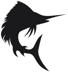Fish silhouette with sharp nose. logo Fish isolated illustration on transparent background PNG. Swordfish. Silhouette of a blue marlin. Trophy catch on sea fishing