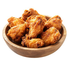 Deliciously crispy fried chicken served in a rustic wooden bowl on a clean transparent background, Tasty fried chicken in a wooden plate on a transparent background