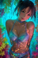 Enchanting Siren in Luminescent Oasis: A captivating female, radiates allure and mystique, immersed in a surreal oasis, surrounded by luminous flora.
