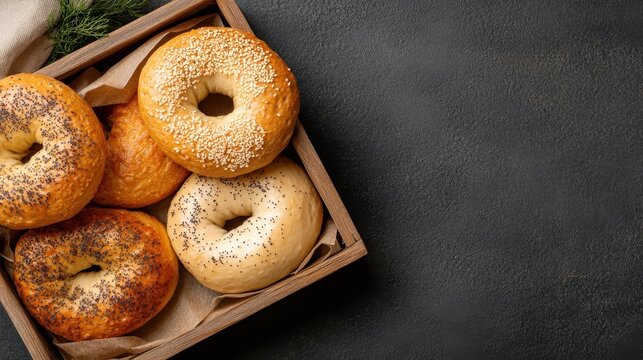 A collection of assorted bagels including poppy, sesame, and plain, beautifully arranged on a wooden tray, celebrating the art of artisan baking and appetizing food presentations.