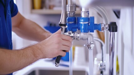 Plumbing technician installing a water filtration system. Featuring expertise and water efficiency