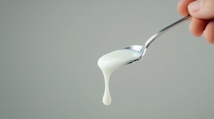 Pasteurized milk pure. A close-up of a hand holding a spoon with dripping cream, set against a minimalistic grey background.