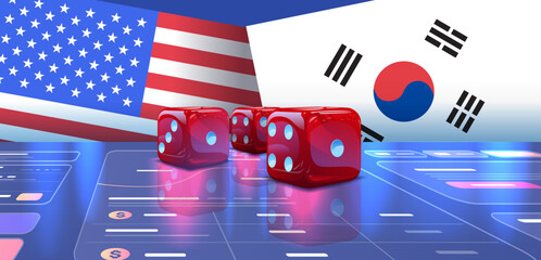 Trade war between USA South Korea dice concept digital interface flags red dice on futuristic blue background economic conflict strategy business theme