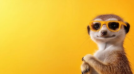 This charming meerkat wearing stylish orange sunglasses on a bright yellow backdrop showcases a playful personality, evoking joy and laughter in every viewer's heart.