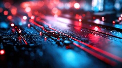 Futuristic circuit board with glowing red and blue lights in urban city background