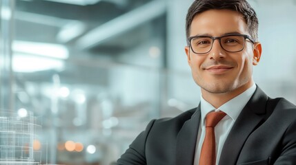 Confident Business Leader: A charismatic business executive, radiating confidence and professionalism, gazes directly at the viewer. The modern office setting, hinting at success and innovation.
