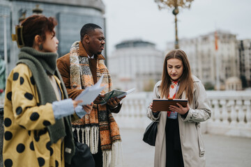 Three individuals standing closely in an outdoor location focused on reading documents together.
