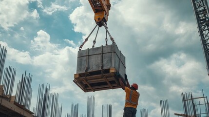 Construction laborer lifting heavy materials with a crane. Featuring coordination and power