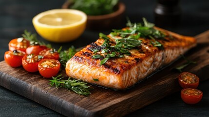 A beautifully grilled salmon fillet garnished with fresh herbs and lemon slices, presented on a wooden board, showcasing a perfect meal full of vibrant flavors and freshness.