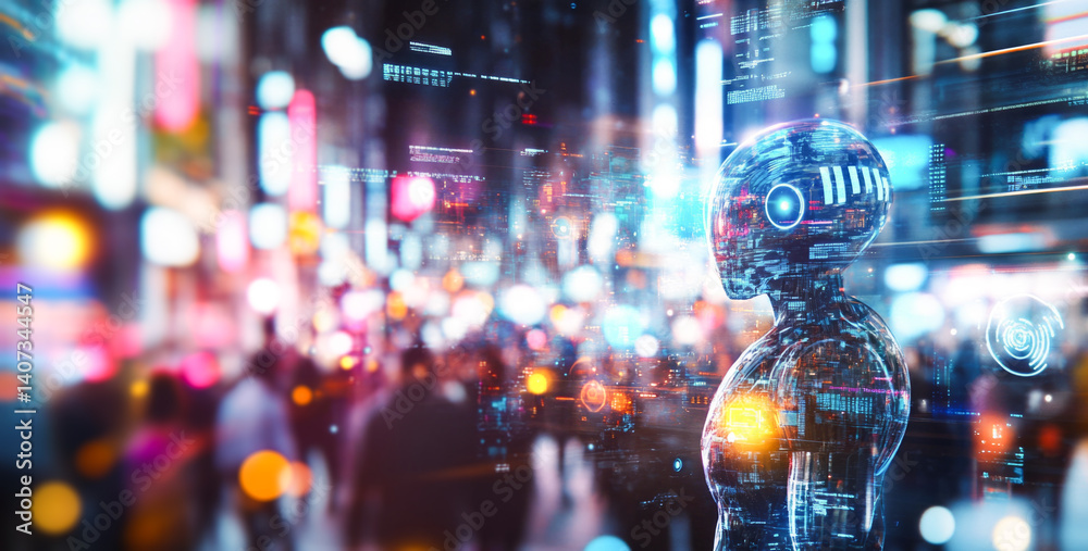 Poster a synthetic robot stands amidst a lively urban crowd, surrounded by digital displays and glowing lig