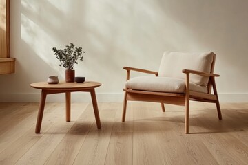 A minimalistic living room showcases a stylish armchair, a simple wooden coffee table, and a potted plant, creating an elegant atmosphere with ample copy space