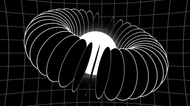 3d abstract toroidal animation rotating elliptical shapes around glowing core on grid background video