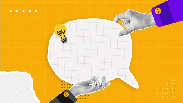 Halftone Collage with Hands holding two speech bubbles. Social media communication.