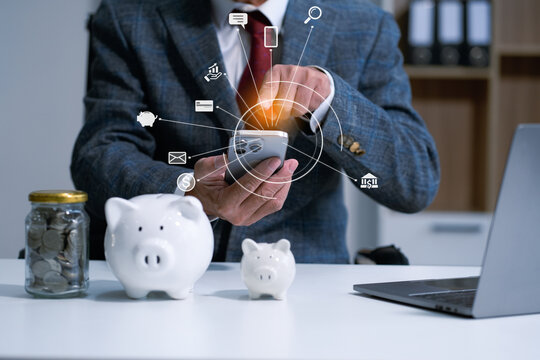 Confident Male calculating savings and managing finances wisely. Wealth growth, financial success, and smart money management concept.