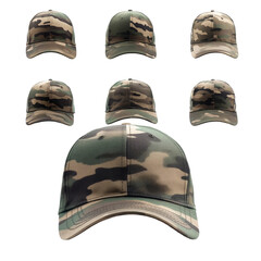 Fototapeta premium Military camouflage baseball caps arranged on a transparent background showcasing different angles and styles, Military Camouflage Baseball Caps on transparent background