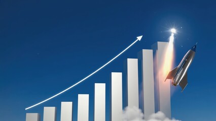 A rocket launch with a line graph of growth indicating an upward trajectory for the aerospace sector.