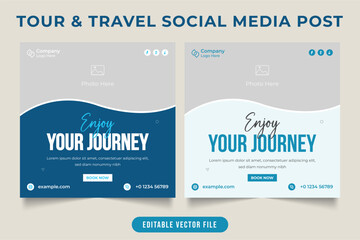 Tour and travel agency social media post vector for promotion. Vacation planner business advertisement poster design with Blue and white color. Creative Touring group web banner with texture.