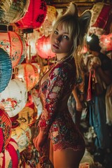 Night Market Fashion: A young woman with blonde hair and cat ears poses confidently amidst a vibrant array of colorful Chinese lanterns at a night market.