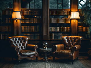 Leather chairs in a cozy reading library with lamps positioned to offer warmth and comfort