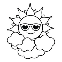 Outline of a Cute Smiling Sun with Sunglasses and Clouds Vector Illustration