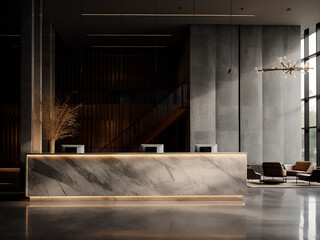 Sleek reception area with a marble counter and illuminated logo welcoming visitors