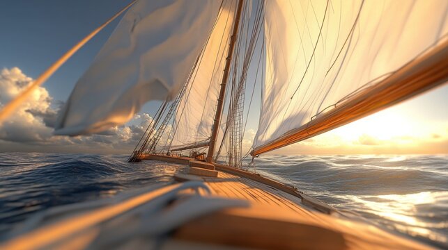 A 3D rendered close-up of a sailboats rigging and sails in motion, with intricate details and a clear sky above