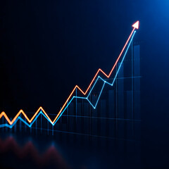 Financial growth concept: Glowing blue and orange line graphs with upward arrow over bar chart on dark background. Stock market success, business analysis, profit increase, data visualization.