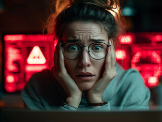 Desperate Woman Discovering Data Leak on Laptop