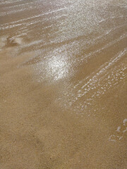 Gentle waves rolling onto sandy beach at sunrise, creating bubbles and a shimmering surface