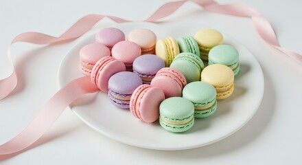 Fototapeta premium Pastel macarons arranged in heart shape on white plate with ribbon.