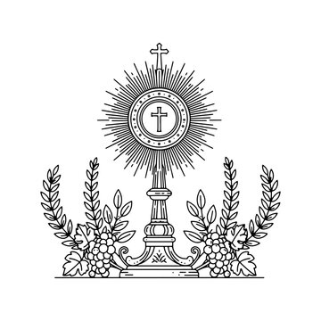 Corpus Christi. Sacred host on monstrance with olive branches in line art style