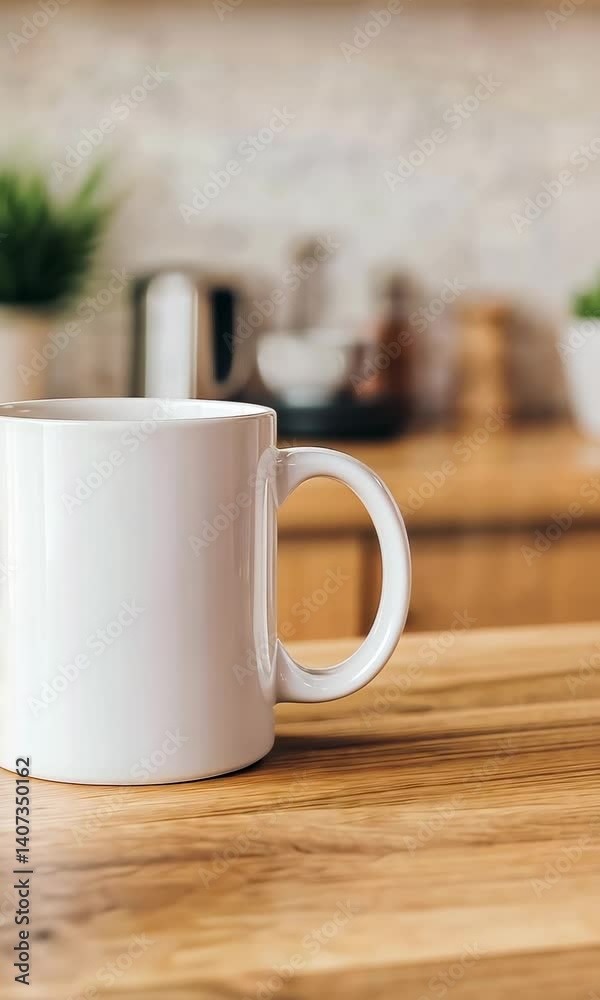 Aufkleber Identical white ceramic mugs sitting neatly on wooden table surface, presenting pristine blank canvas with neutral background for potential design placement or branding mockup