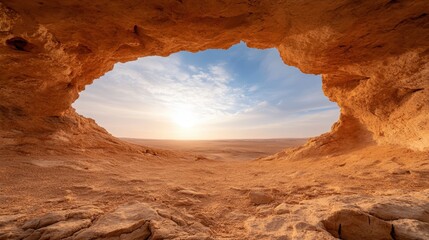 An open cave provides a breathtaking view over the endless desert horizon, where the soft light of sunset meets the vast land with an air of serenity and stillness.