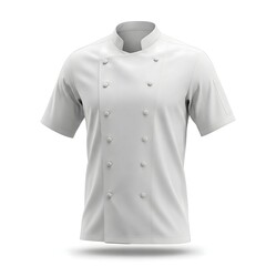 Empty white background display of a white chef jacket mockup with folds and creases accentuated