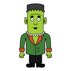 Classic Halloween Frankenstein's monster costume with green skin, neck bolts, stitched scars, flat-top head, and ragged suit—spooky, iconic, and perfect for fright night!
