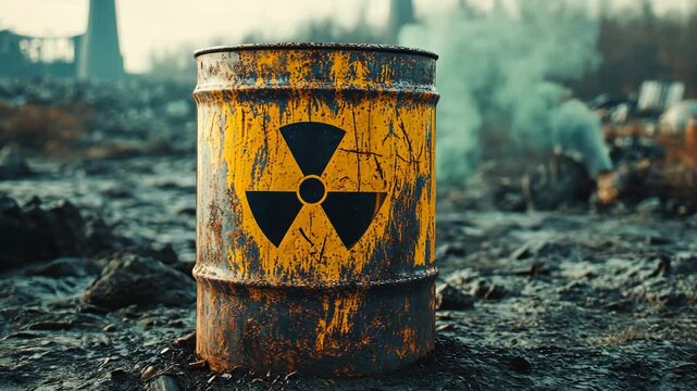 Old, corroded radioactive waste barrel standing in a toxic, barren landscape with smoke and environmental destruction in the background.