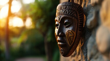 Tribal mask hanging on stone wall, tropical sunset background. Potential use travel poster