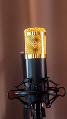 Condenser microphone with a golden metal mesh on a fabric background. Close up of a condenser...