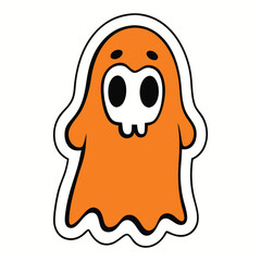 Spooky orange Halloween sticker featuring a haunted ghost with eerie eyes, floating in mist. Perfect for trick-or-treat bags, invites, or creepy party decor!
