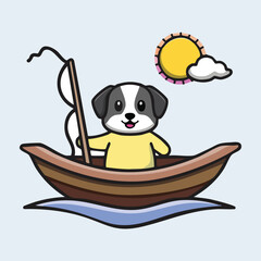 Fototapeta premium Cartoon Dog Fishing on a Lake, Sitting in Boat, Peaceful Scenery