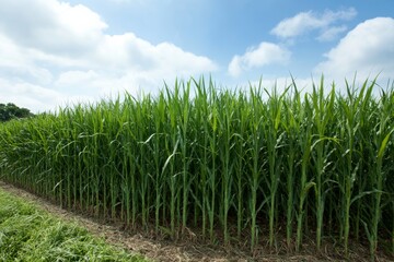 Obraz premium Tall pampa grass sways gently in a peaceful rural setting under a serene blue sky filled with fluffy clouds, inviting calmness and tranquility to the viewer