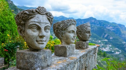 Three classical stone busts adorn a wall overlooking a scenic mountain valley.